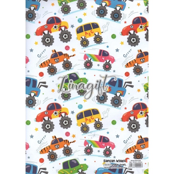 ( 5 Lembar ) CARS SANWA - KERTAS KADO MOBIL TRUK TAYO - GIFT WRAP PAPER TRUCK CAR TAXI BUS