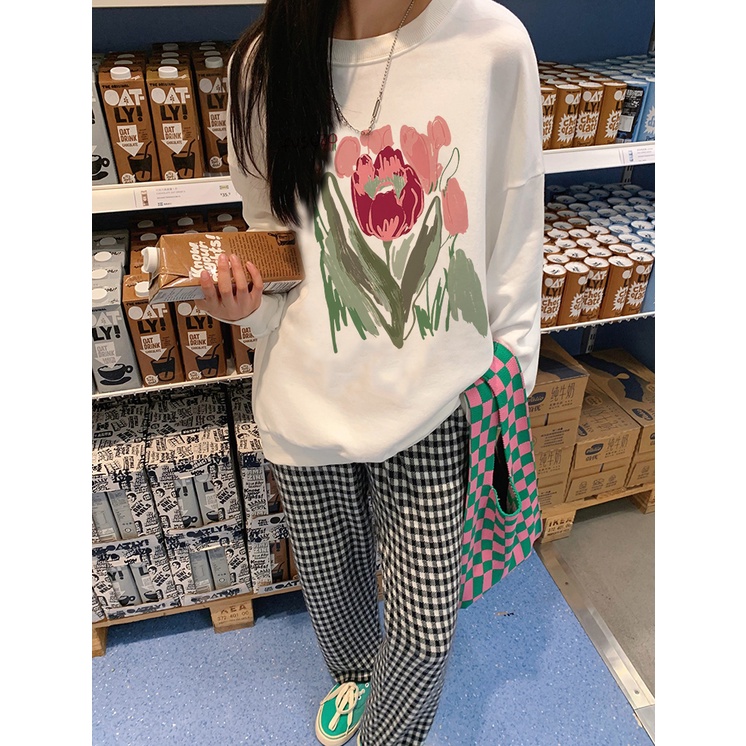 EUNII Sweater Lengan Panjang Cartoon Tulip Korean Style/Hoodie Oversize/Baju Wanita/Switer Wanita