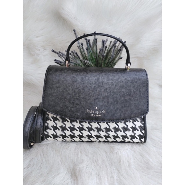 tas slempang Kate spade darcy top handle satchel woven houndstooth black