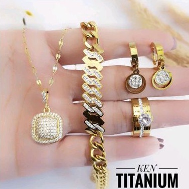 Titanium Set Perhiasan Wanita Gold Fullset Mewah Anti Karat Anti Luntur 1117d