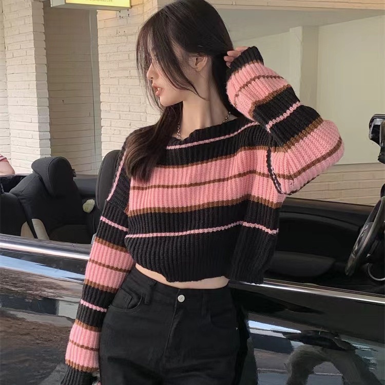 Nico##baju sweater wanita/striped sweater/knit sweater/sweater crop wanita oversize