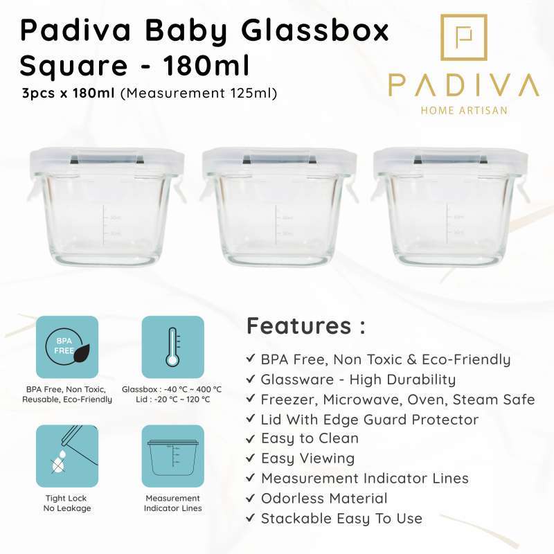 Padiva Baby Food Glassbox Square 180ml (3pcs) (GBB180S)