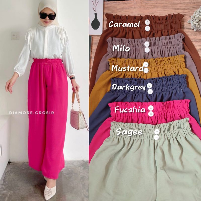 Celana Kulot Crinkle Airflow Kancing 2 Highwaist Jumbo Full Karet Dobble Button Premium Terbaru Kekinian