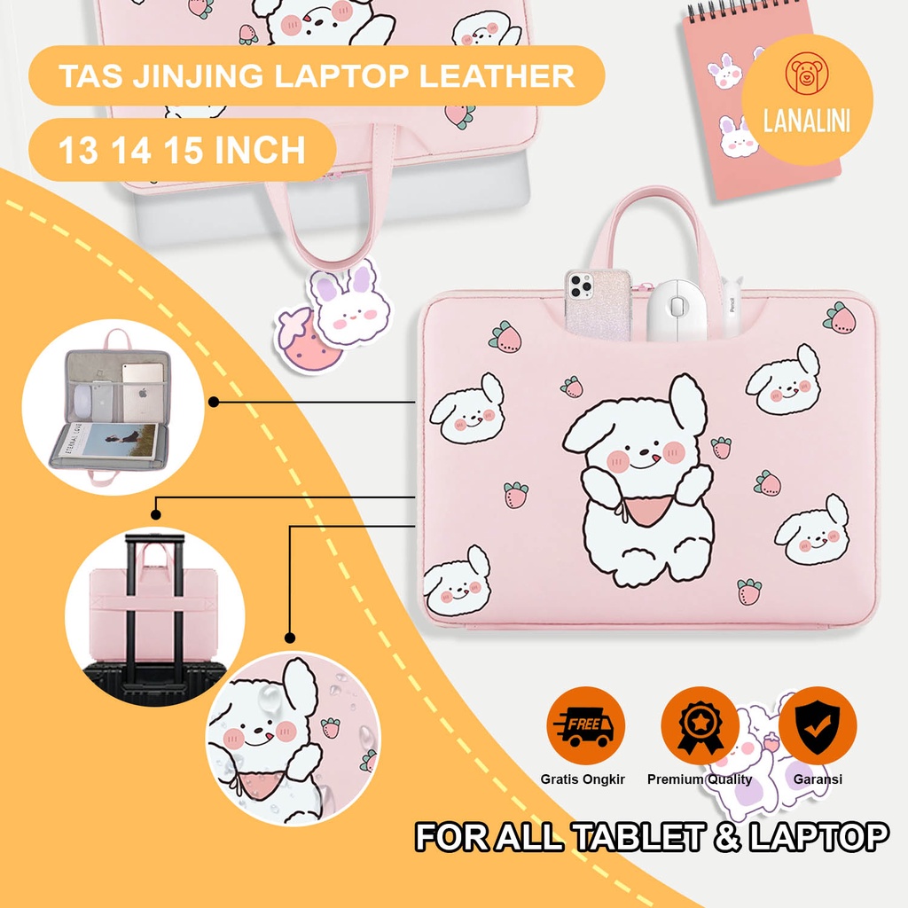 Sleeve Pouch Sarung Tas Bag Case Ipad Tab Tablet Macbook Air Pro Laptop Asus Acer Lenovo HP Huawei 11 12 13 14 15 inch Motif Gambar Kartun Cartoon Rabbit Bunny Kelinci Warna Pink Soft Cute Murah Korean Model Jinjing Tali Strap Waterproof Tahan Air