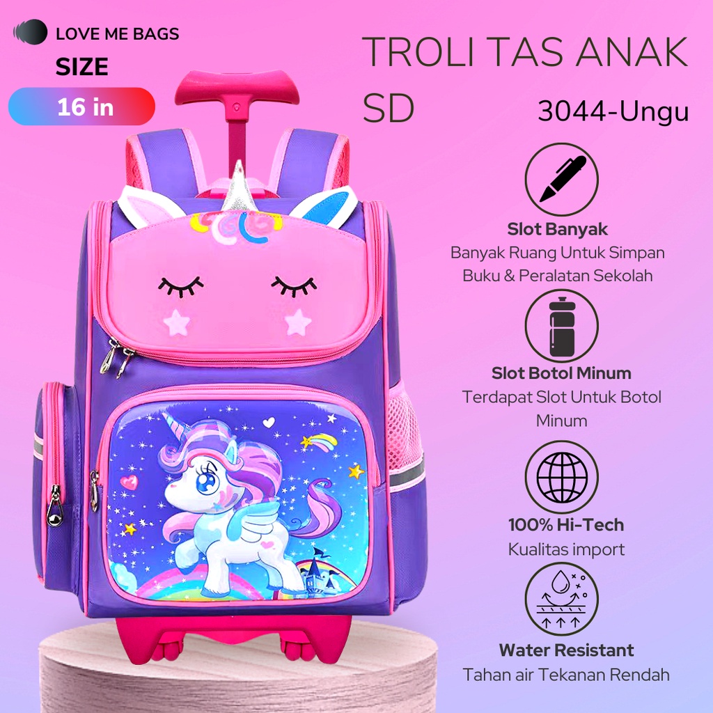 LMB Tas Troli Anak Sekolah Perempuan SD Import Karakter Kartun Bahan Nilon Premium Unicorn Ukuran Besar