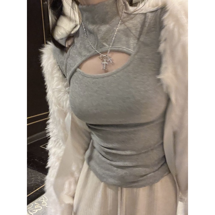 Red De Beludru Kerah Tinggi Berongga Hati-hati Mesin Bawah Kemeja Wanita Pakaian Dalam Rasa Desain Musim Gugur dan Musim Dingin Baru Slim Slim panas Gadis Atasan