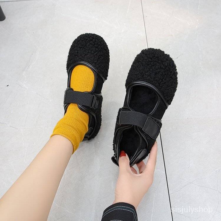 #Sisjuly# Sepatu wol kue domba baru wanita sebuah kata dengan di luar memakai sepatu kacang bawah da