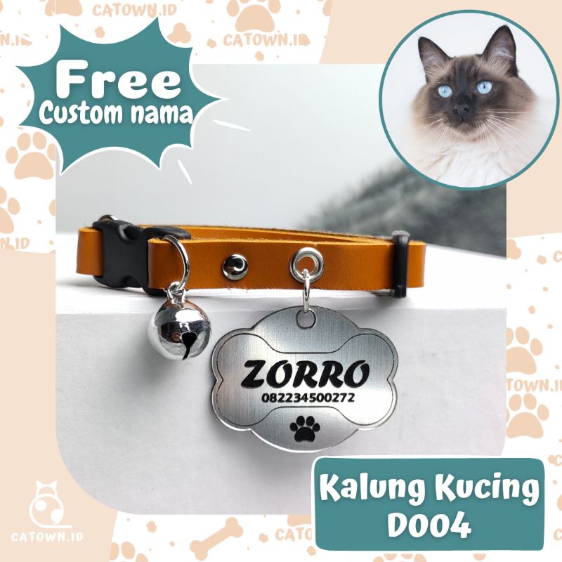 D004-Kalung Kucing Gratis Custom Nama Tulis Identitas No HP Tali Kulit Scotlet Collar Aksesoris Hewan Free Cetak Tulisan