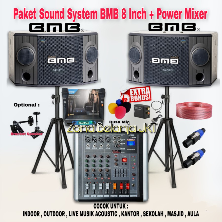 Paket Sound System Karaoke Live Musik BMB 8 Inch Power Mixer Mic Wireless (BW-3)