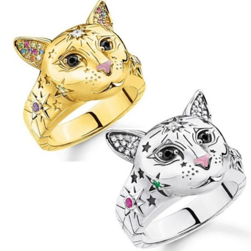 Perhiasan Cincin Wanita Bentuk Kepala Kucing Bahan S925 Silver Gaya Vintage Untuk Pernikahan