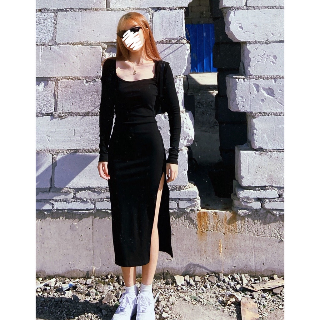 Sosok super hot girl slim ketat slit knit dress wanita Eropa dan Amerika rok panjang bottoming rok hitam kecil tren leher persegi