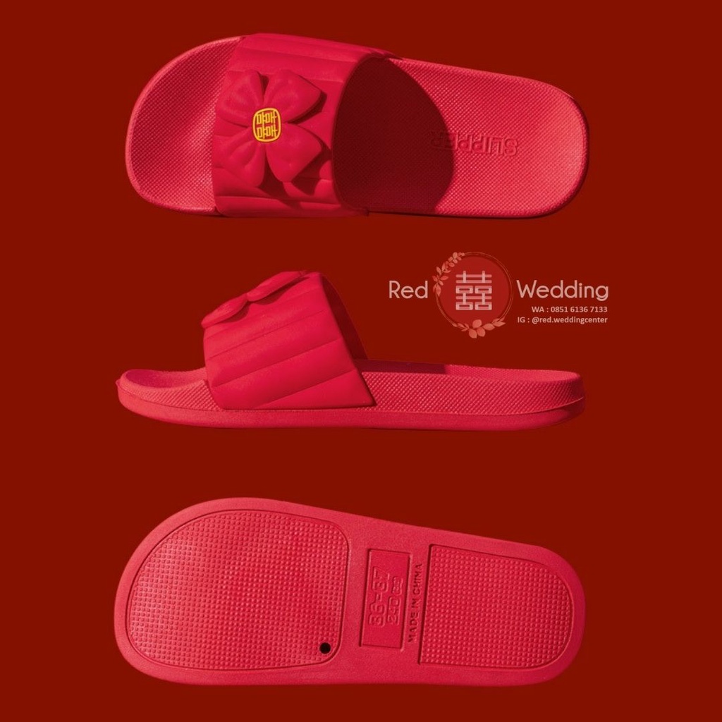 [Logo Small Xi] Sandal Merah Bahan KARET Pengatin Groom /Bride  Sepatu Wedding dengan Logo Shuang Xi Sanghi