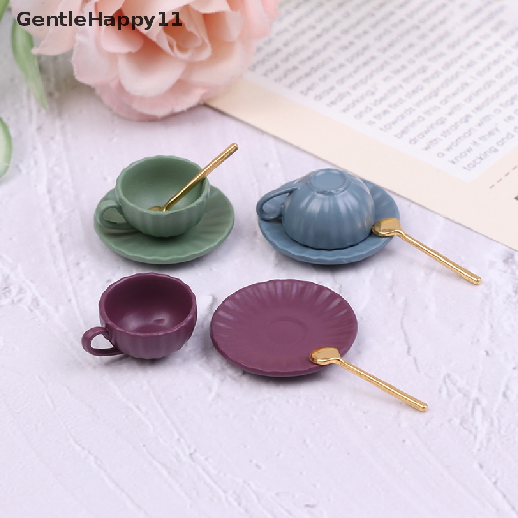 Gentlehappy 3Pcs / set Miniatur Cangkir Kopi + Piring + Sendok Untuk Aksesoris Dapur Rumah Boneka