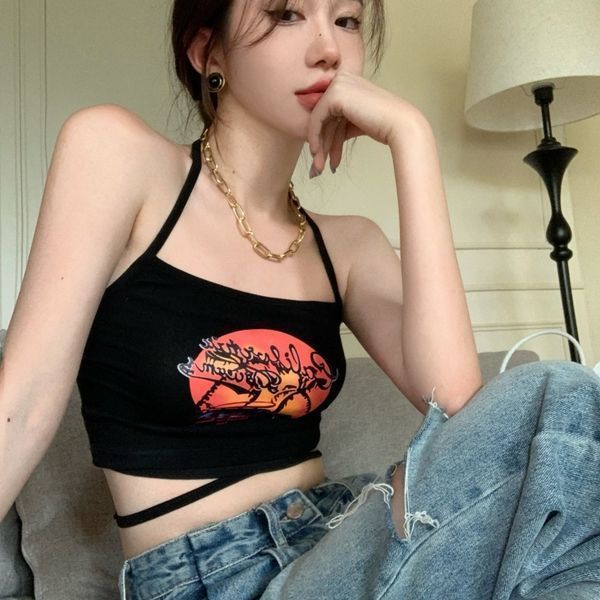 Red kumikumi hitam menggantung leher sling wanita rasa desain tali cetak rompi musim panas pendek tabung top top