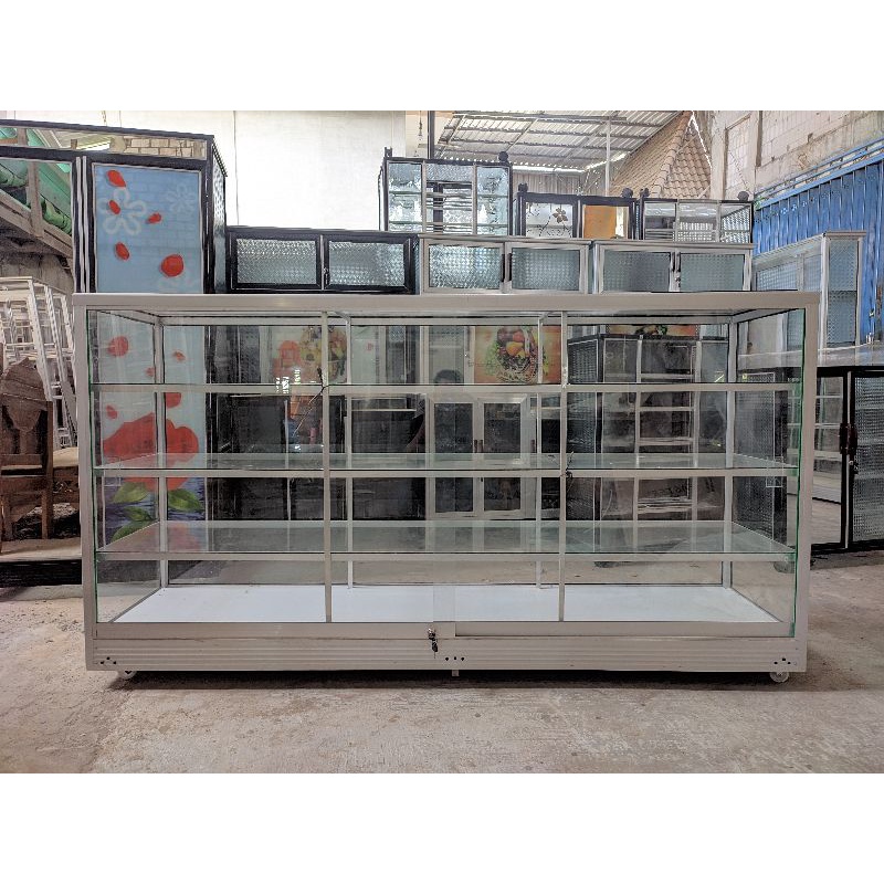 ETALASE 1,5 M RAK JUALAN TEMPAT BARANG LEMARI KACA CERMIN RAK BAJU ALMINI ALUMINIUM BISA REQUEST MOD