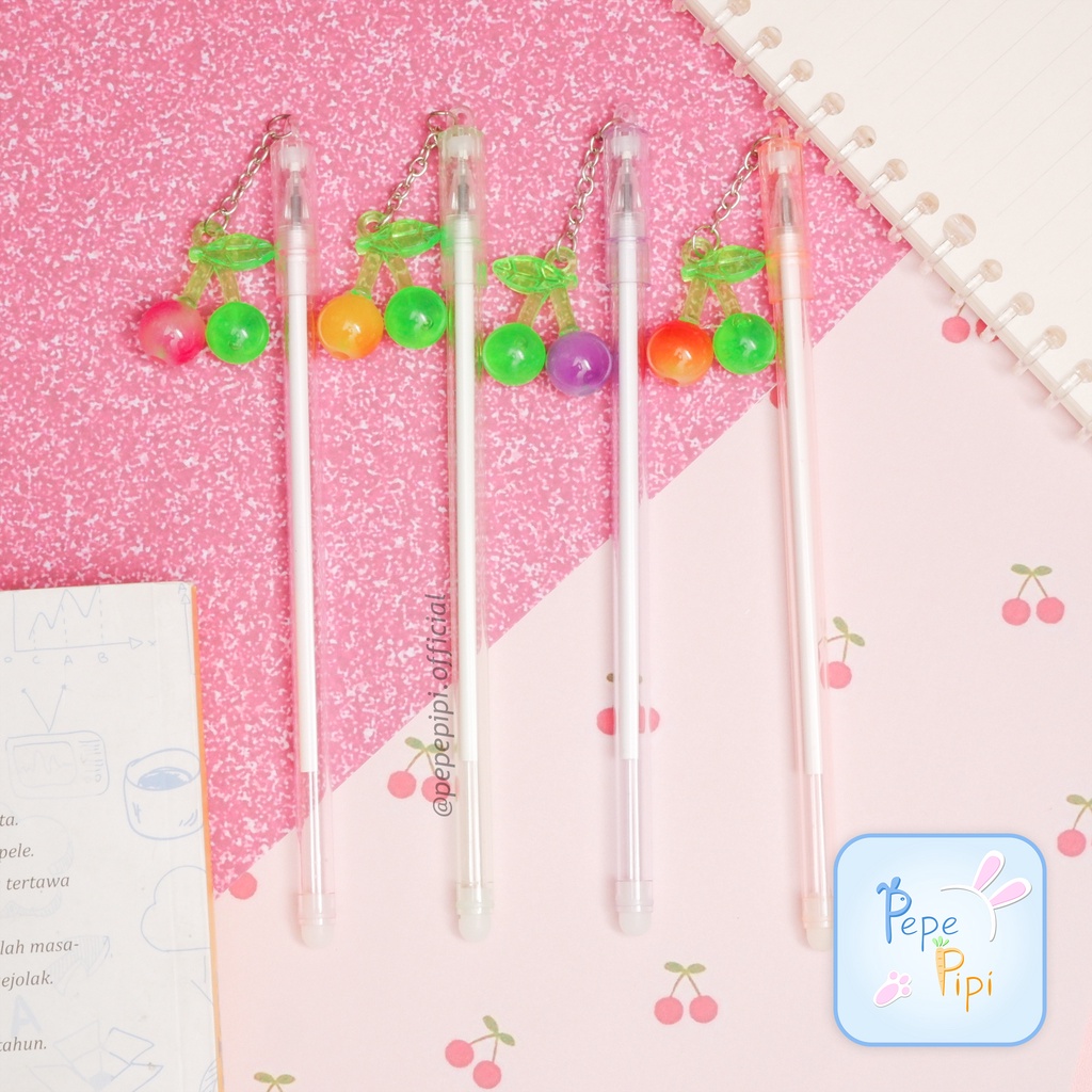 4 &amp;12 pcs Pena Gel Gantungan Cherry Pen Bolpen Pulpen Bolpoin Karakter cherry blossoms ceri cheri