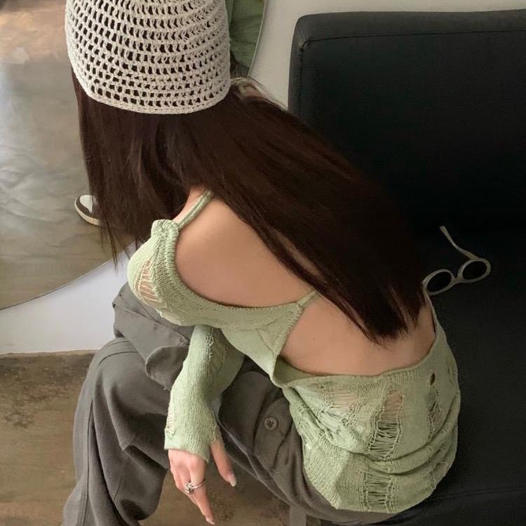 Suhao 2022 Baru Hijau Robek Lengan Panjang Sweter Rajutan Wanita Backless Rasa Desain Niche Crochet Berongga Panjang Atas