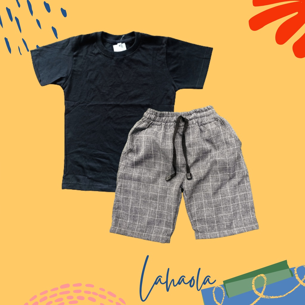 Setelan kaos polos celana Tartan anak laki laki 1-7 tahun hitam putih