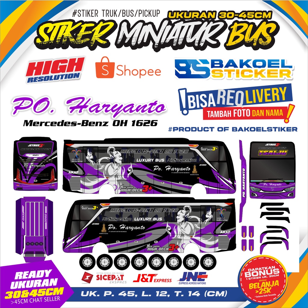 STIKER MINIATUR BUS JB3 PO. HARYANTO UK. 30 & 45CM