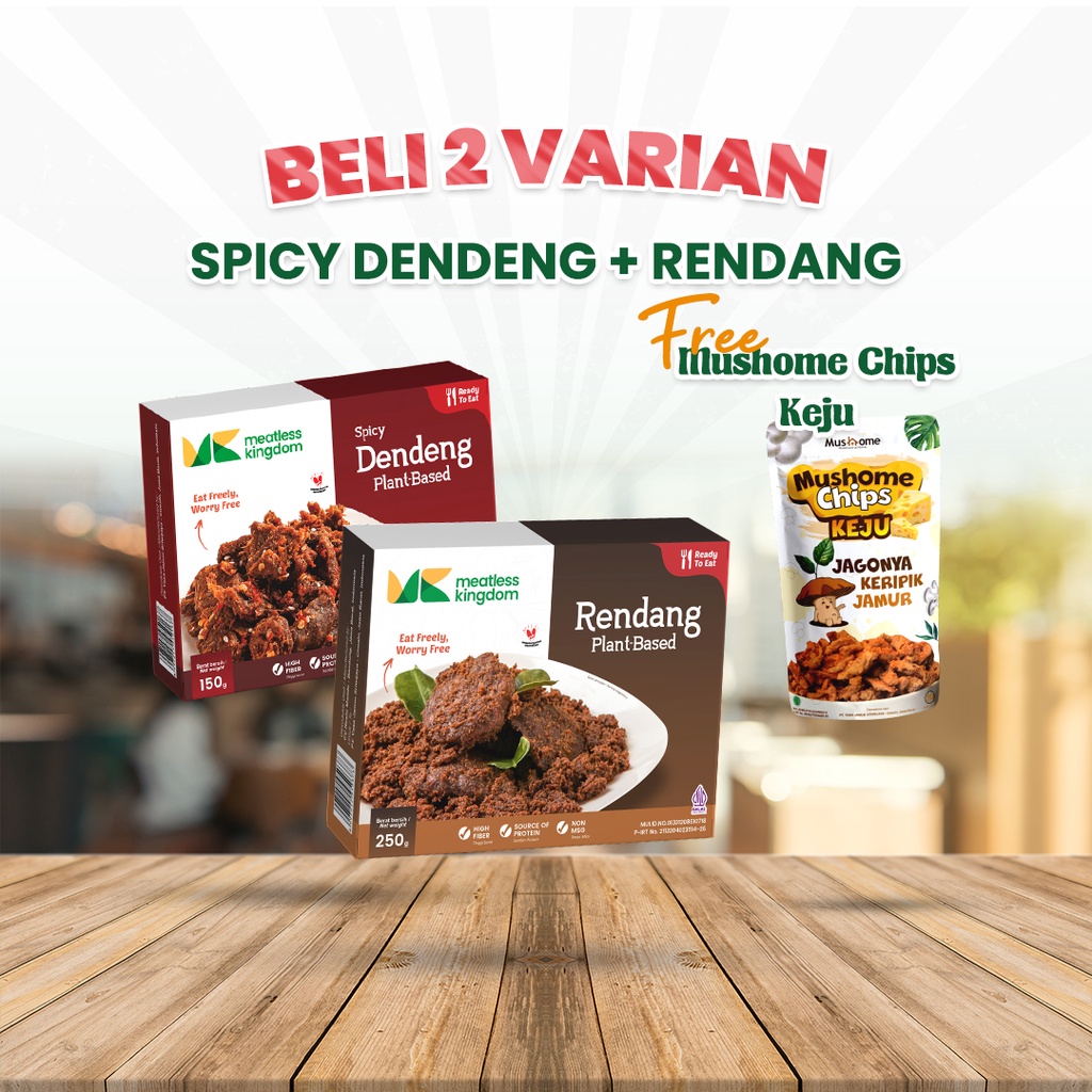

Meatless - Buy 1 Spicy Dendeng + 1 Rendang Vegan Free 1 Mushome Chips Keju | Plant based | Daging Nabati | Makanan Sehat