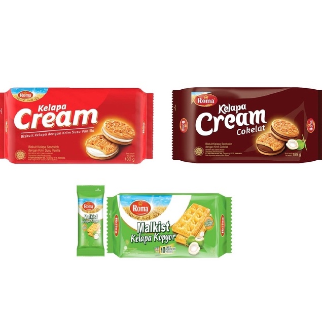 

roma kelapa cream 180 gr, kelapa cream coklat 189 gr, kopyor 10x18,9 gr