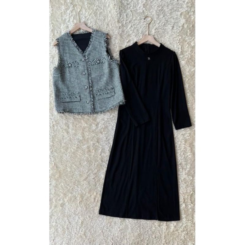 One set midi Dress Rompi wanita casual premium import