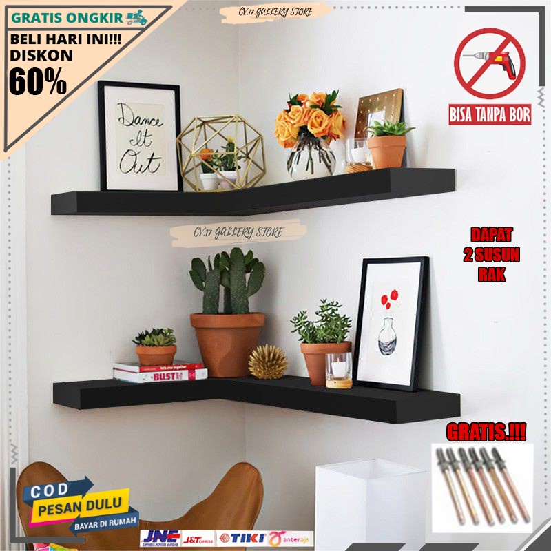 Papan Rak Hambalan Ambalan Sudut Siku Melayang Gantung  Floating Shelves L Layang Tempat penyimpanan Hiasan Bumbu Dapur Buku Bunga make up Makeup Dekorasi Dinding Dingding Tembok Tempel Ruang Tamu Kamar Tidur Kayu Susun Serbaguna Minimalis Tanpa Bor Murah