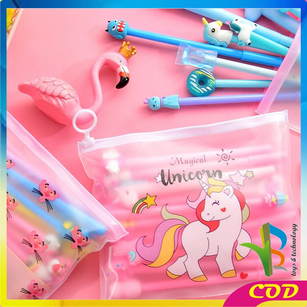 RB-A15 Pulpen Gel Karakter Lucu Set Isi 20PCS Pena FREE Zipper Pouch Tempat Pensil Transparan Murah