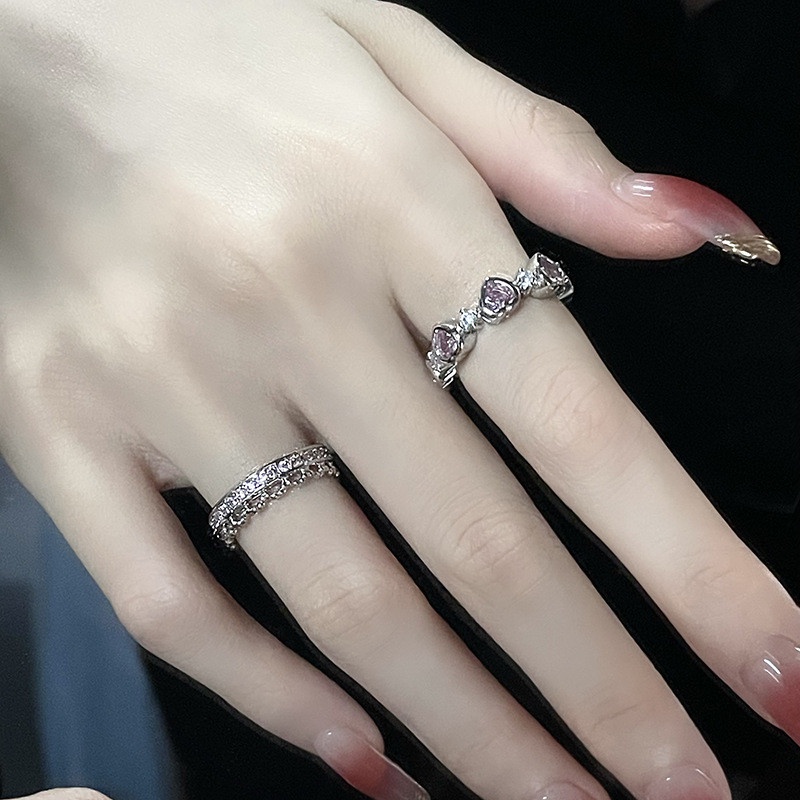 Cincin Model Terbuka Desain Geometris Hati Aksen Berlian Imitasi Gaya Jepang Korea Selatan