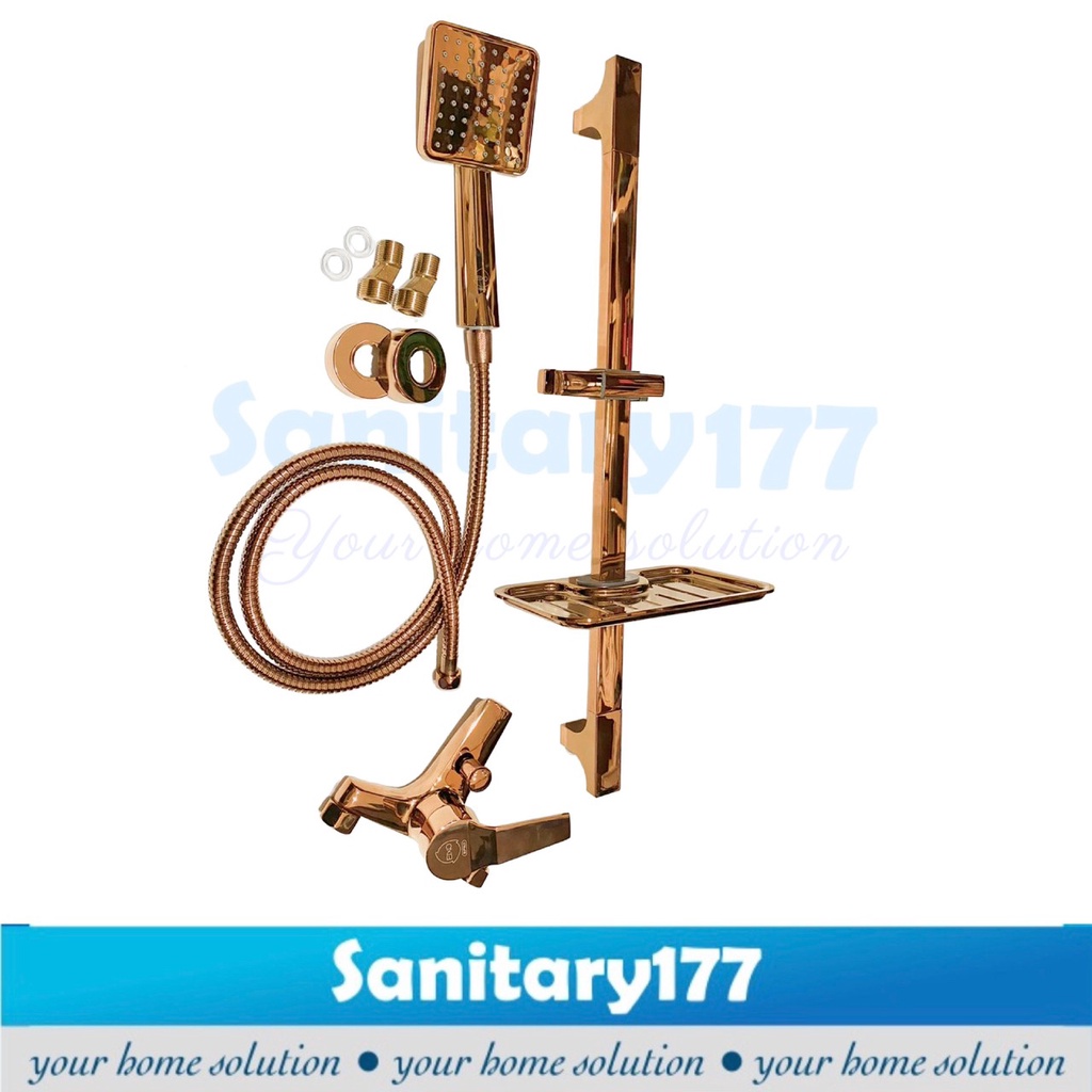 Paket Shower tiang + Kran Bathtub Panas Dingin stainless kuningan rose gold set -keran air hot cold mixer rosegold minimalis sower bar kotak segiempat brass