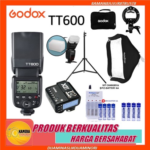 PAKET Lampu Flash Eksternal Godox TT600 TT 600 +Softbox Flash + Stand Besar 280cm