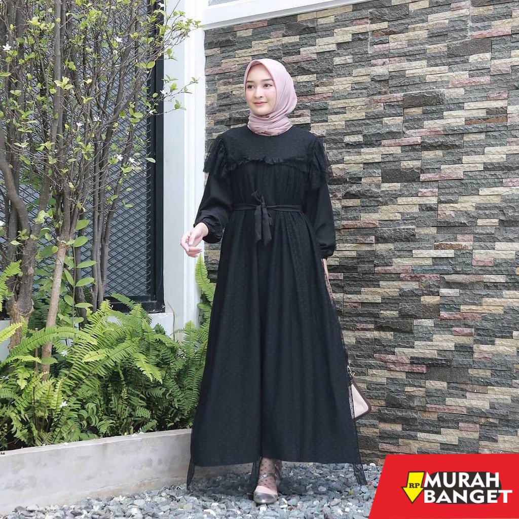 model gamis kombinasi polos terbaru 2022 GAMIS MURAH REMAJA MIRA DRESS TILE DOTY BRUKAT PARTY BROKAT