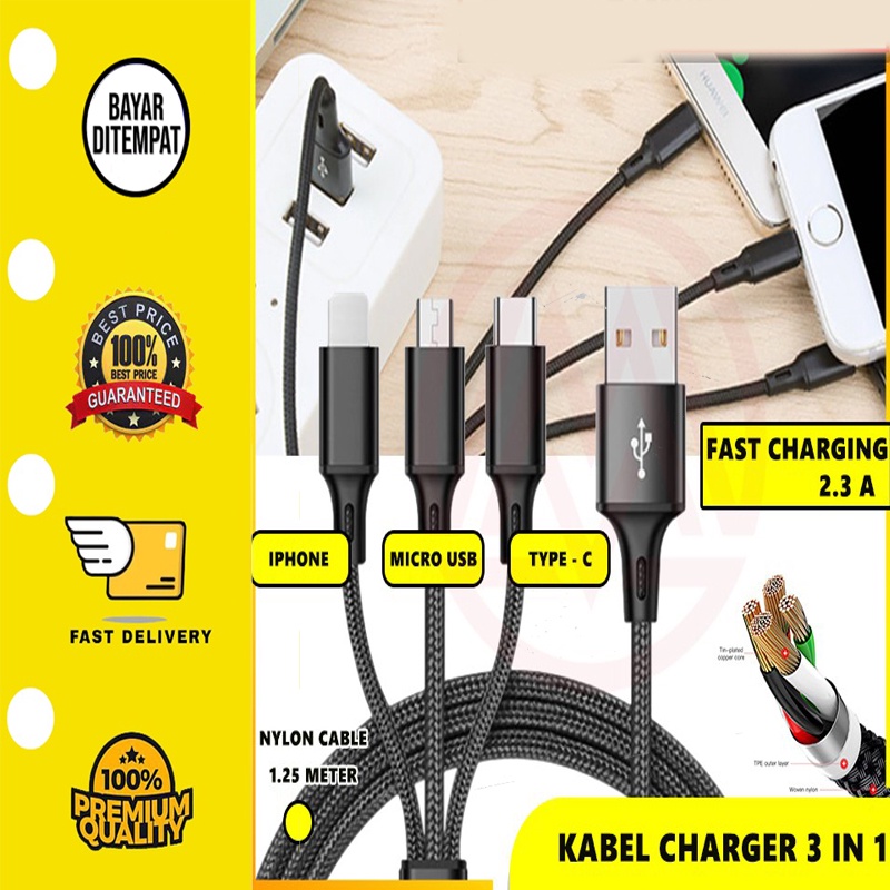 KABEL CHARGER HP 3 IN 1 FAST CHARGING KABEL CAS TYPE C MICRO USB ANDROID IPHONE