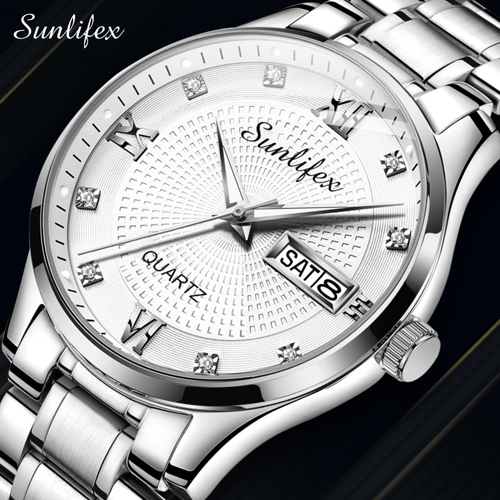 Sunlifex Jam Tangan Pria Original Kuarsa Tali Stainless Steel Calendar Mewah Mode Pria Jam Tangan Cowok Anti Air-SlilverWhite
