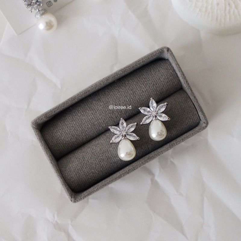 EMILIA | Wedding Collection - Zirconia Flower Pearl Drop Stud Bridal Earrings - Anting Wanita