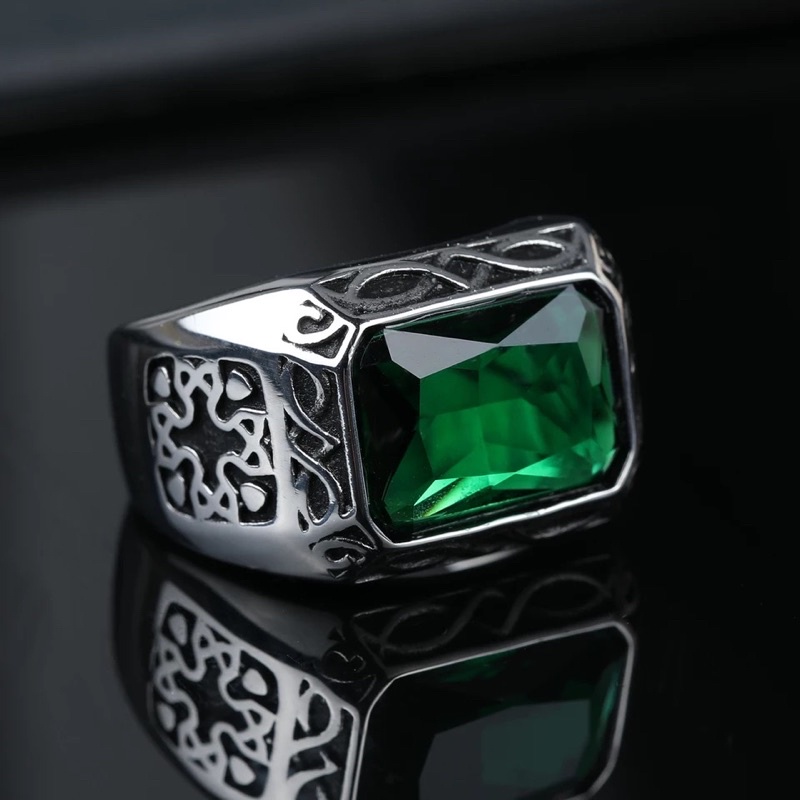 Cincin Batu Zamrud Emerald Hijau Botol Ring Titanium Mewah