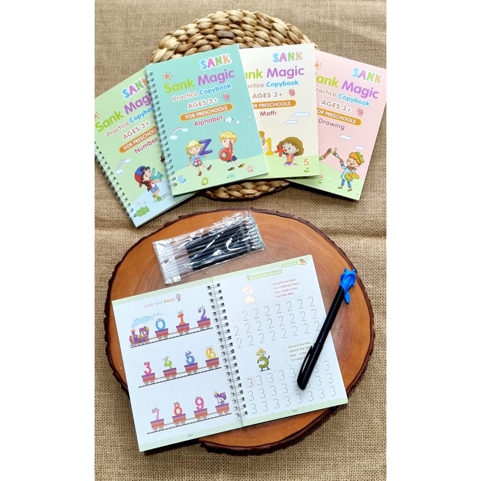 

SANK Magic 3D Buku Edukasi Belajar Anak Menulis Menggambar Tulis Practice Book 1 SET ISI 4 BUKU + PULPEN Bisa Dipakai Berulang