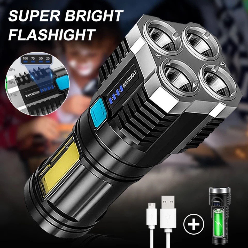 Senter 4 LED + COB super terang Light 4mode rechargeable senter portable Flashlight lampu penerang multifungsi mudah digenggam