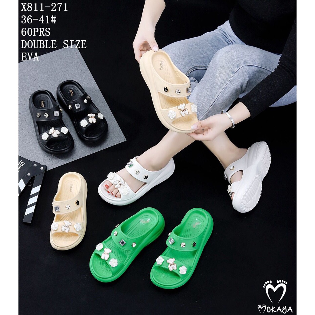 Sandal Slop Wedges Eva Wanita Ban 2 Mainan Jibbitz Brown Bear Cookies &amp; Blink Permata Bear Super Cantik Keren Lucu Trendy Import Mokaya / Size 36-41 (X811-27/X811-271)