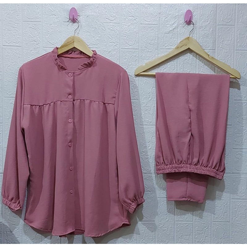 ONE SET RAYON CRINKLE AIRFLOW SETELAN // SETELAN RAYON CRINKLE AIRFLOW// DRESS RAYON // SETELAN RAYON  //BUSUI FRIENDLY//PIYAMA//PREMIUM//HOMEY//BUSUI-Dusty Pink