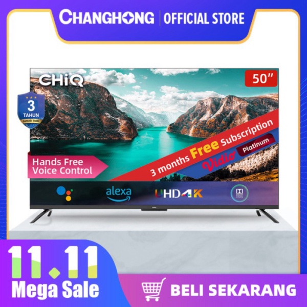 CHiQ Smart TV 50 Inch 4K Hands Free Voice Control Frameless Android TV Diskon
