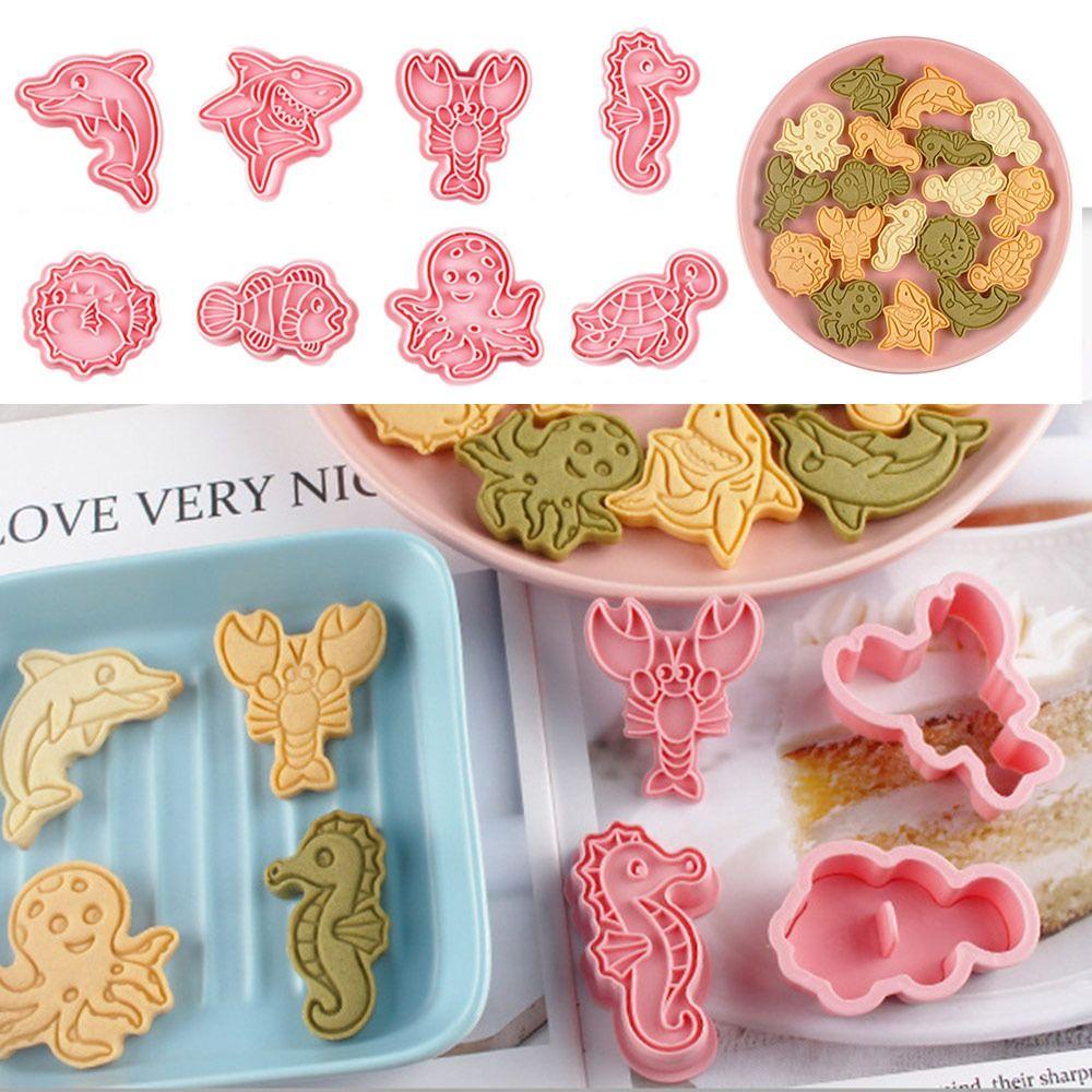 Preva 8pcs/set Hewan Laut Pastry Menghias Kue Alat Dolphin Hiu Kuda Laut Gurita Kura Plastik 3D Cookie Cutter