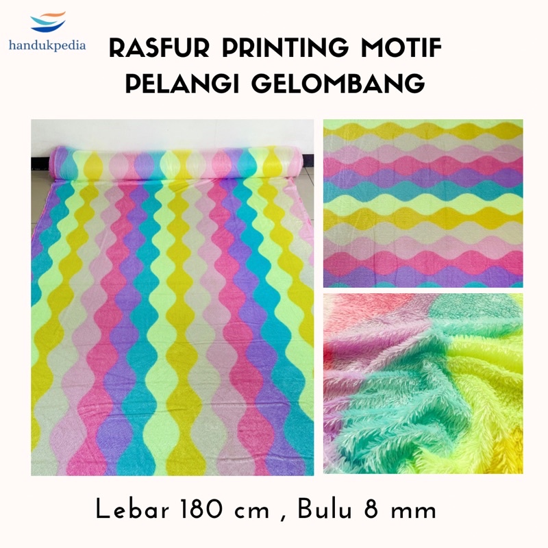 Rasfur / Kain Bulu Printing Motif Pelangi Gelombang / Boba Lebar 180 cm / Bulu 15 mm