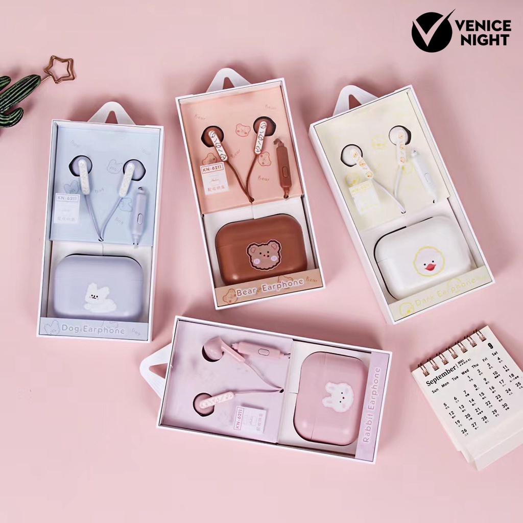 (VNEP) (Berkabel) Earphone dengan Kotak Penyimpanan Pola Lucu Universal HiFi Sound In-ear Music Earbud untuk Ponsel