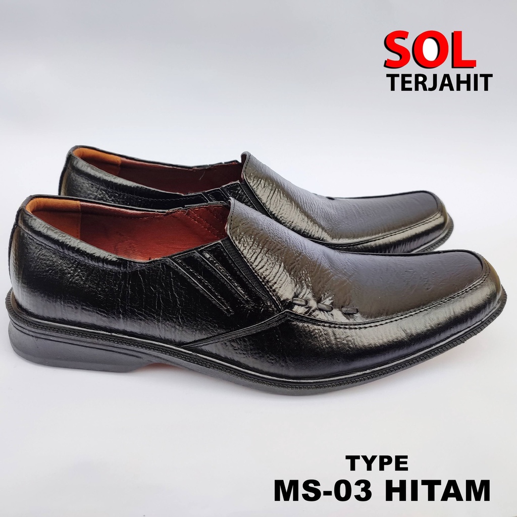 Sepatu Pantofel Hitam Pria Kulit Asli SOL KARET Terjahit Kuat Lentur &amp; Tidak Licin