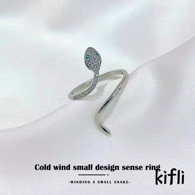 Cincin Model Terbuka Desain Ular Hias Zircon Berkilau Adjustable Untuk Wanita