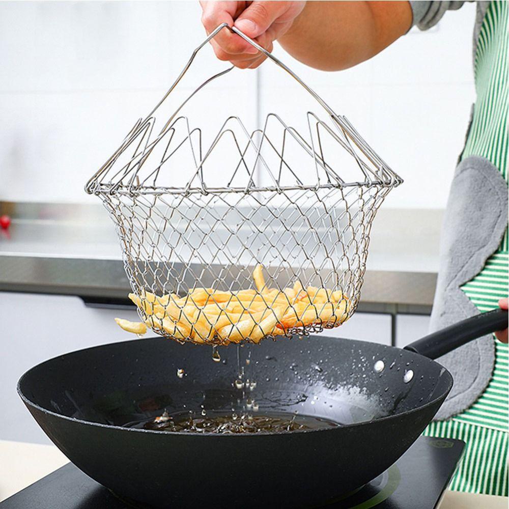 [Elegan] Keranjang Penggorengan Sayap Ayam Kentang Goreng Dapur Lipat Dengan Pegangan Mesh Net Alat Masak