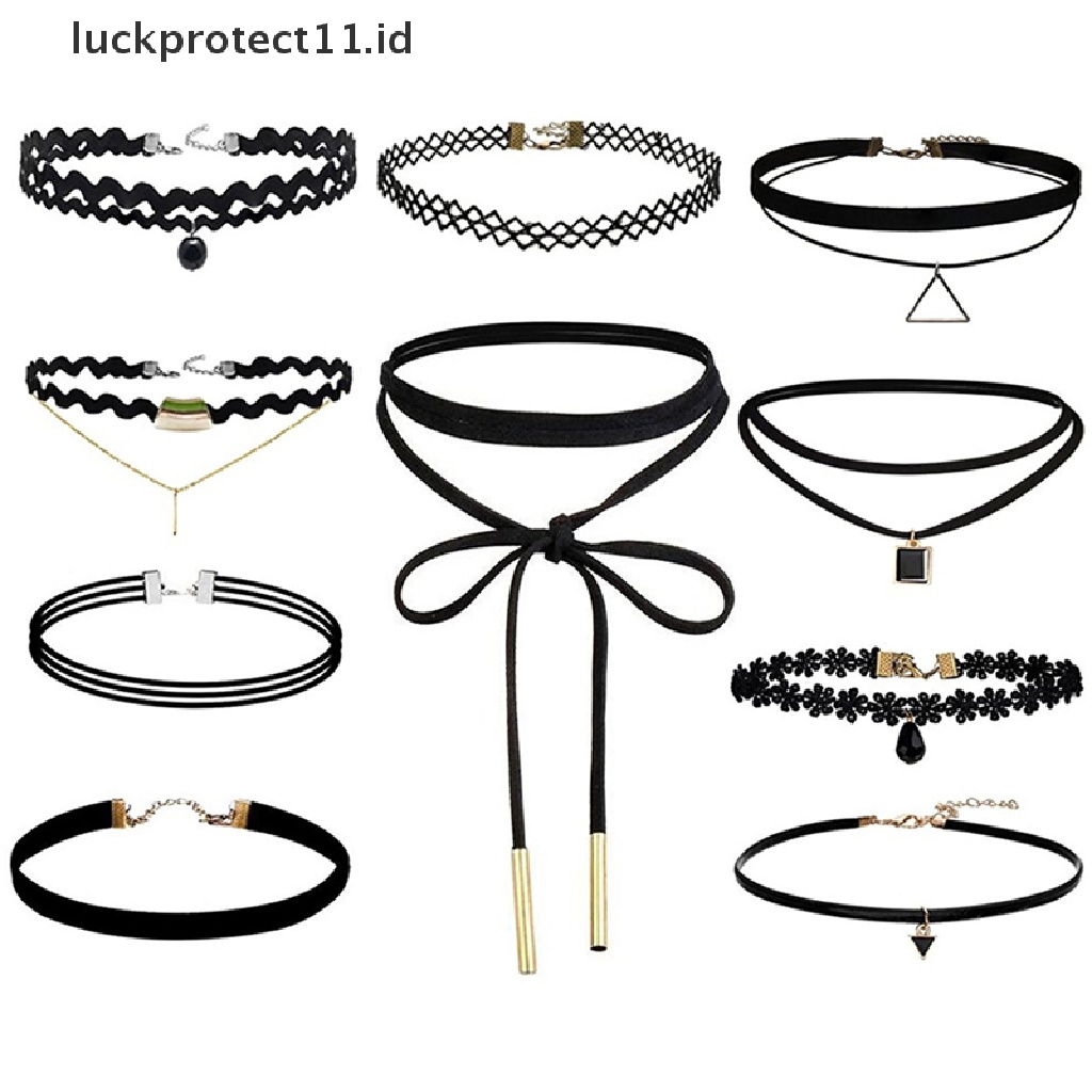 10pcs Kalung Choker Bahan Velvet Stretch Warna Hitam Gaya Klasik Gothic