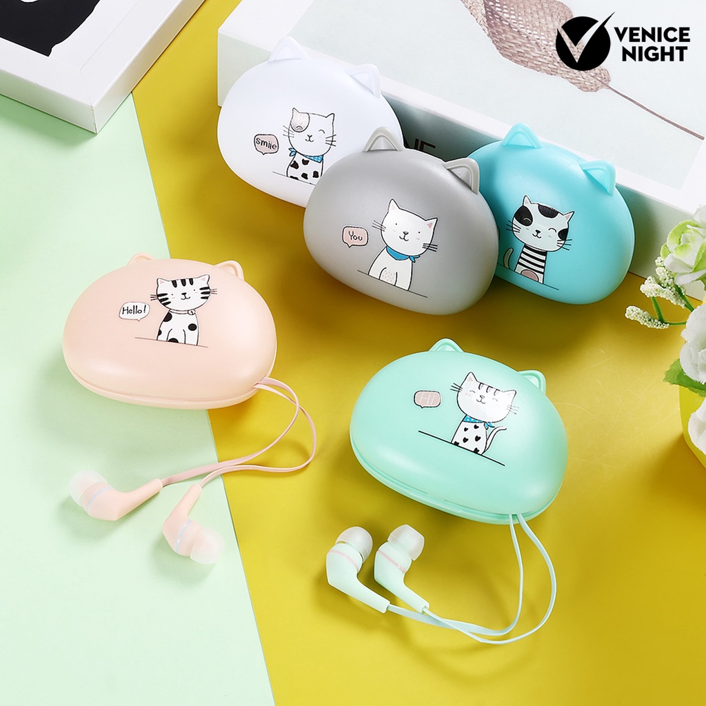 (VNEP) (Berkabel) Earphone Pengurang Kebisingan In-ear Headphone Stereo HiFi Universal dengan Kotak Penyimpanan Telinga Kucing Kartun untuk Ponsel