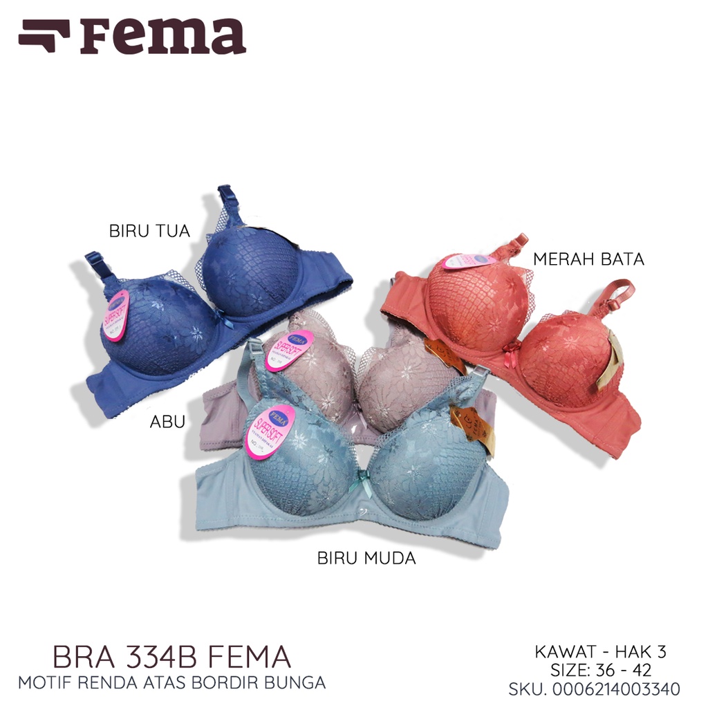 FEMA Official Shop Ecer 1 pcs BH Bra Push Up 334B Full Cup Renda Atas Motif Bunga